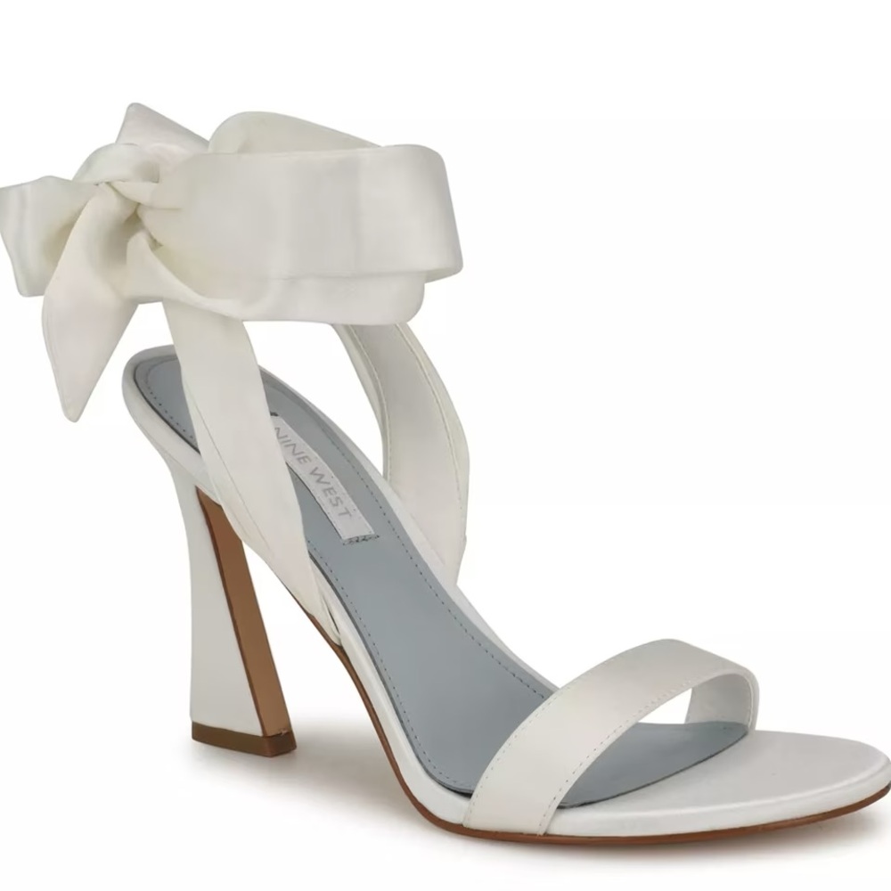 Nine West White Satin Ankle-Tie Open-Toe Sandals